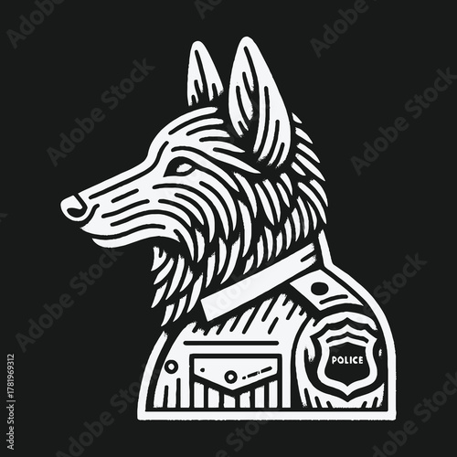 Stylized white line art of a police dog on black background.