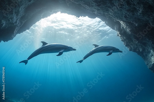 Dolphins swimming playfully under an ancient, mysterious stone archway in the sea