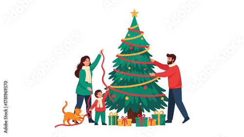 Christmas Tree Decoration: A family gathers around a vibrant Christmas tree, adorning it with festive decorations and the spirit of holiday cheer. Capturing a heartwarming scene of togetherness.