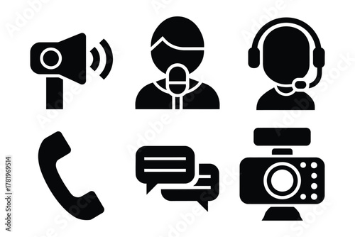 Essential communication icons: megaphone, broadcaster, customer support, phone, chat message, and webcam. representing modern digital interaction concepts.