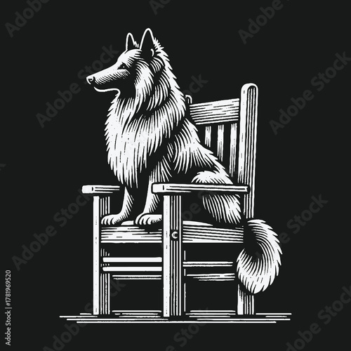 Regal long haired dog sitting proudly on a wooden chair.