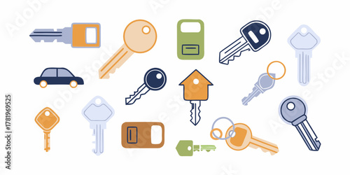 Collection of various illustrated keys and a car symbolizing access security and home ownership
