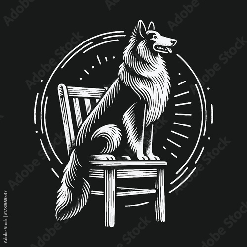 Regal long haired dog sitting proudly on a wooden chair in a vintage engraving style.
