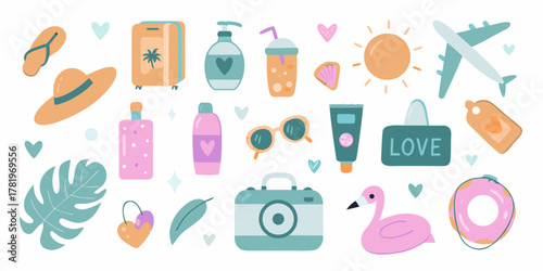 Collection of cute travel and summer vacation icons and elements with a hand drawn style