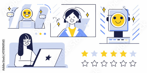 Customer service illustration showing a woman using a laptop interacting with a chatbot and a smiling robot assistant with star ratings