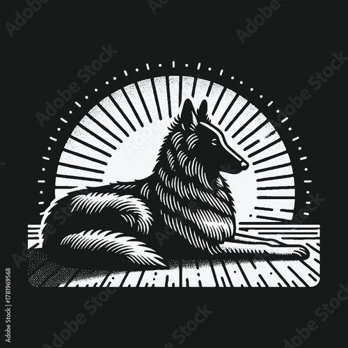 Majestic long haired shepherd dog in a black and white woodcut style illustration with a sunburst background.