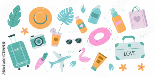 Collection of cute cartoon summer vacation travel essentials and tropical elements on white background