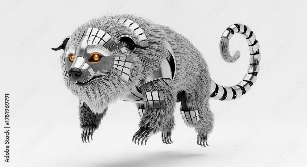 Obraz premium Lemur Robotic Design Hybrid Animal Tech Integration Metallic Furry Creature Animal Automation Concept Wildlife Machine