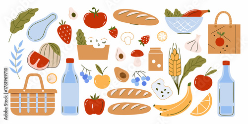 A vibrant collection of fresh food items and picnic essentials arranged in a playful flat design style
