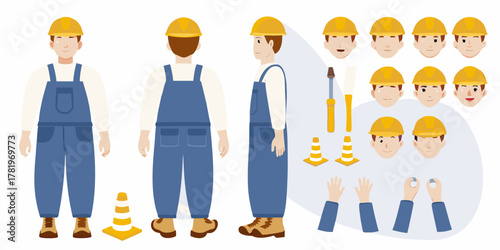 Construction worker character kit with multiple poses facial expressions and tools for design projects