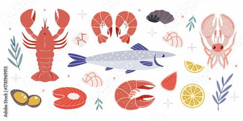 Collection of fresh seafood and ocean delicacies with lemon and greens