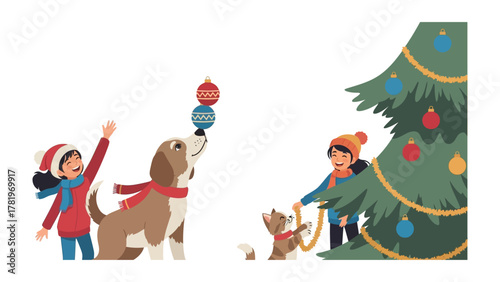 Holiday Joy: Youngsters and their furry companions revel in the holiday spirit, adorning the Christmas tree with ornaments, encapsulating the season's cheerful moments.