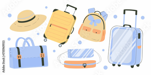 Collection of travel accessories including suitcases a backpack a duffel bag a hat and toiletry bags