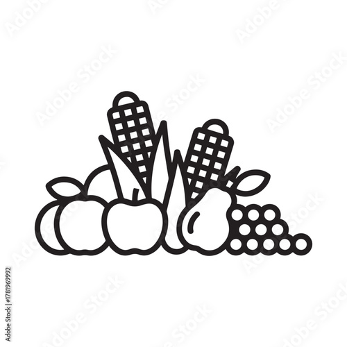 Line art illustration of a harvest bounty of fruits and vegetables