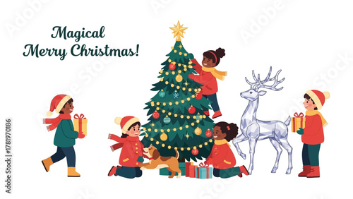 Magical Merry Christmas with Children: A heartwarming holiday scene unfolds, with children joyfully decorating a Christmas tree, complemented by a charming reindeer figure and the promise of presents.