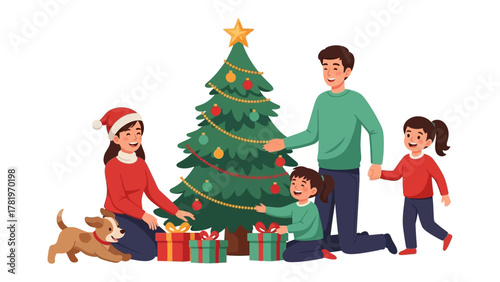A Christmas Morning: A cheerful family, with a dog included, gathers around a beautifully decorated Christmas tree, exchanging gifts and sharing a moment of togetherness.