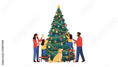 Joyful Family Christmas Decoration: A family collaborates in decorating the christmas tree and make every moment full of love and celebration. 