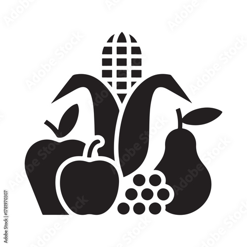 Harvest bounty of fruits and vegetables in a stylized silhouette