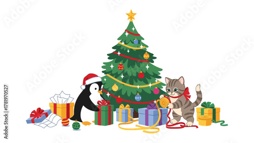 Christmas Gift Givers: A festive scene where a penguin and a cat joyfully prepare presents near a Christmas tree. The scene showcases holiday cheer and giving.