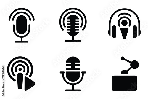 Modern collection of six minimalist black icons for podcasting, radio, audio streaming, and digital broadcasting, ideal for web and app design.