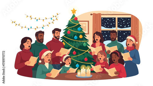 Caroling Choir at Christmas Gathering: A harmonious choir sings Christmas carols around a festive tree, creating a scene of warmth and togetherness during the holiday season.