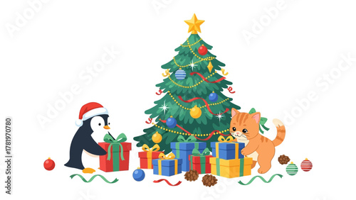 Festive Christmas Scene: Adorable penguin and playful cat collaborate to unwrap gifts by the radiant, ornamented Christmas tree, set in a cozy, celebratory holiday setting.