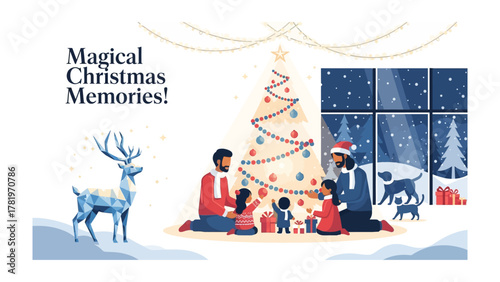 Magical Christmas Memories: A heartwarming scene unfolds as a family gathers around a beautifully decorated Christmas tree, creating lasting memories. snow gently falling.