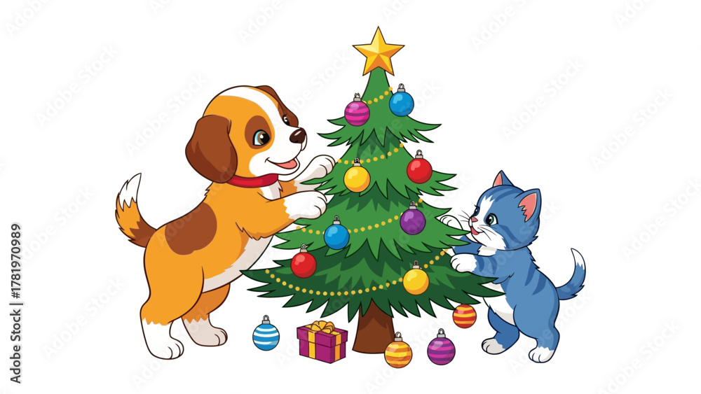 Obraz premium Festive Friends: A charming illustration capturing the spirit of Christmas, featuring a playful puppy and a cute kitten decorating a vibrant Christmas tree with colorful ornaments and a shining star.