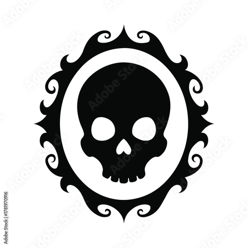 Gothic Skull Silhouette Vector Illustration in Ornate Baroque Frame Design Element