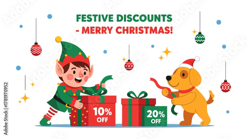 Festive Discounts - Merry Christmas: A cheerful illustration showcasing holiday sales with a festive elf, a friendly dog adorned in a Santa hat, and gift boxes. 