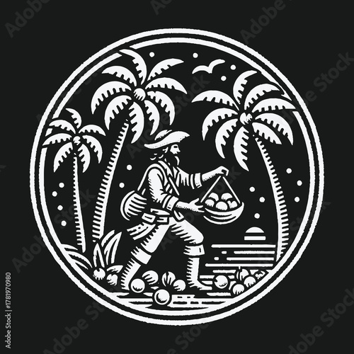 Vintage monochrome illustration of a pirate gathering fruit on a tropical island.