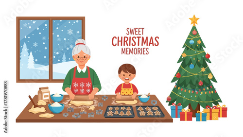 Christmas Baking Together: A heartwarming illustration captures a grandmother and grandchild baking Christmas cookies, evoking a sense of familial warmth and the sweet memories of the season. 