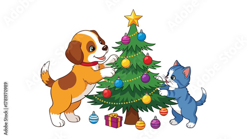 Festive Friends: A charming illustration capturing the spirit of Christmas, featuring a playful puppy and a cute kitten decorating a vibrant Christmas tree with colorful ornaments and a shining star.