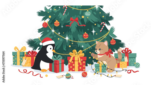 Festive Friends: A charming illustration depicts a heartwarming Christmas scene with a playful penguin and a kitten decorating a Christmas tree, surrounded by wrapped presents.