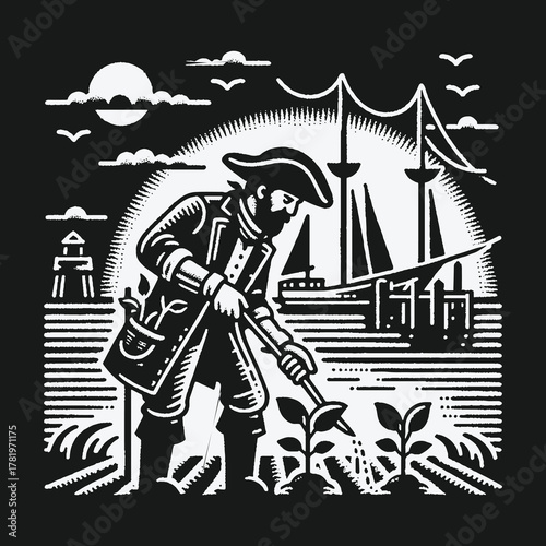 Historical Woodcut Illustration of a Colonial Man Gardening by the Sea.
