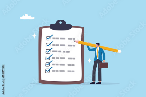 Todo list clipboard, work achievement survey form or completion items, project progress, checkmark or achievement, businessman holding pencil finishing project checklist tasks.