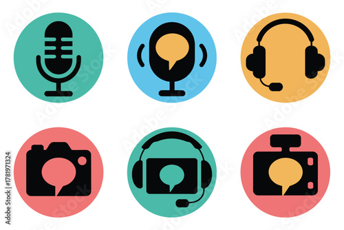 Collection of diverse media and communication icons in vibrant circles: microphone, podcast, headset, camera, and discussion symbols for digital content.