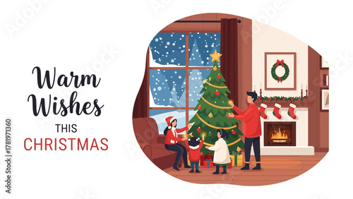 Christmas Celebration at Home: A family gathers to decorate their Christmas tree in a cozy living room, creating heartwarming holiday memories amidst a snowy winter scene. 
