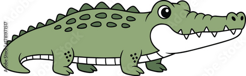 Cute green cartoon crocodile smiling with big eyes, funny reptile illustration for kids education, animal vector drawing artwork design