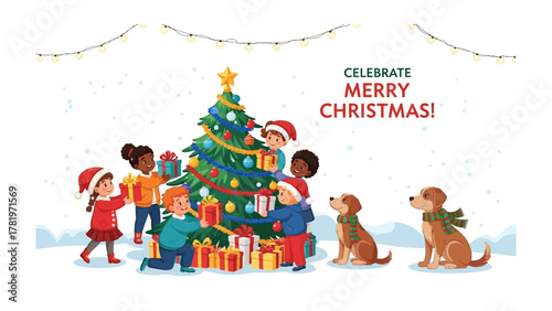 Joyful Christmas Gathering: Children and dogs gather around a decorated Christmas tree, amidst falling snow and twinkling lights, celebrating the holiday season with joy.
