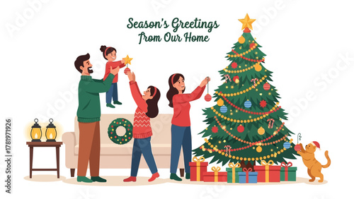 Festive Home: A cheerful family gathering to decorate their Christmas tree together, creating a heartwarming scene of festive joy and holiday togetherness in a cozy home setting.