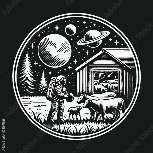 Astronaut on a surreal farm feeding a lamb under a cosmic sky with planets.