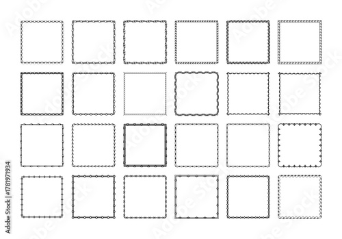 Black square border frames with braided and rope ornaments and empty place, isolated on a white background. Large collection of different edging, outline framing. Vector big set for stamp, label, card