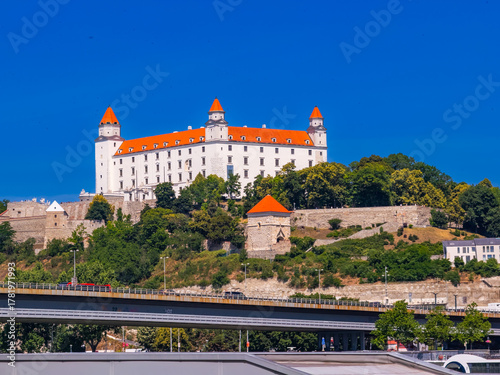 Photography Bratislava Castle above the Danube river, Slovakia