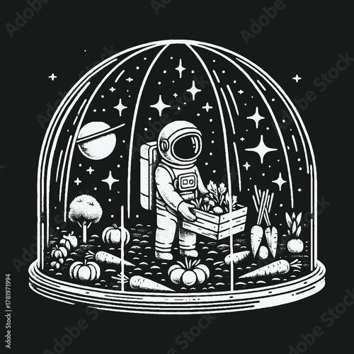 Astronaut Farmer Harvesting Fresh Vegetables in a Space Terrarium.