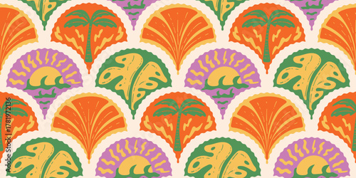 Tropical sunset and palm tree vector seamless pattern with orange, green and purple tones — retro summer beach design featuring monstera leaves and ocean waves for fabric, wallpaper and packaging.