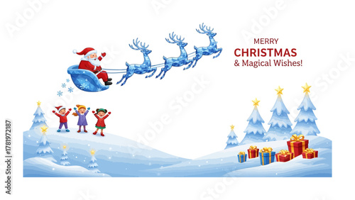 Christmas Magic in the Air: Santa Claus soars through a winter wonderland, his reindeer-led sleigh carrying festive cheer, as delighted children eagerly anticipate the joy of the holiday season.