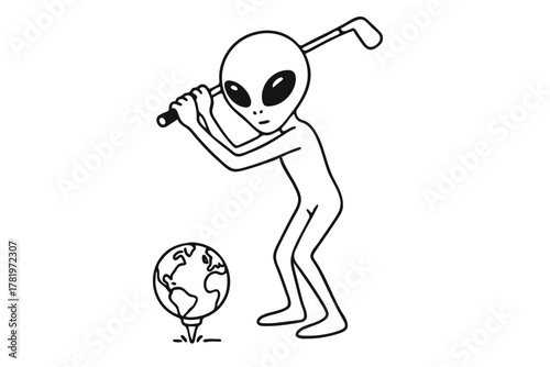 Cartoon of alien playing golf with the world