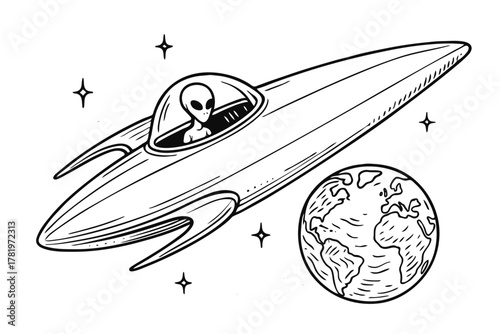 Alien in ufo space ship approaching planet earth