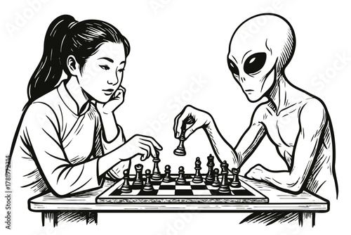 Alien playing chess with asian woman